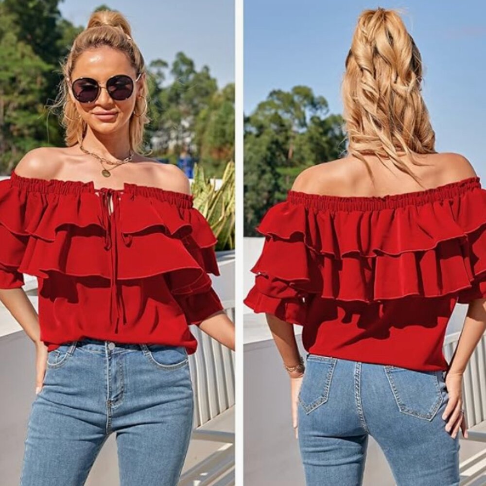 Off Shoulder Ruffle Sleeve Blouse